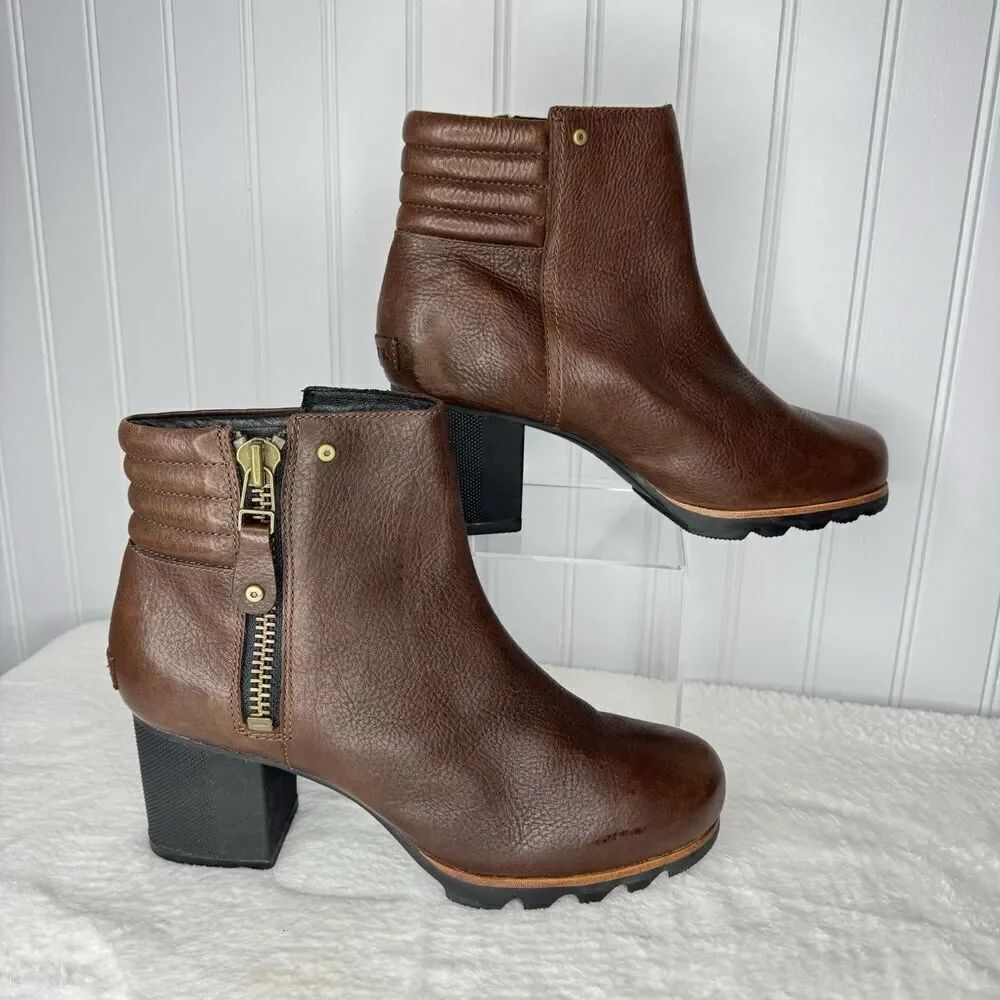Sorel Sz 10 Womens Danica Boot Waterproof Brown Leather Block Heel Lug Bootie